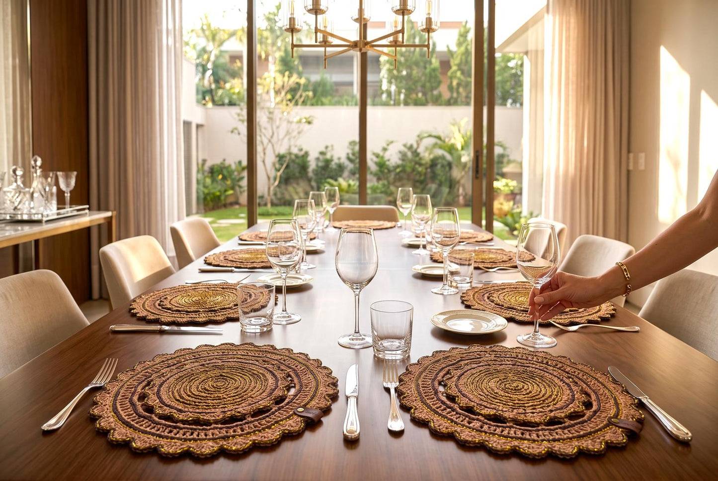 Handmade Crochet Round Doily Placemat – Boho Table Decor with Gold Accent Thread – Rustic Lace Centerpiece for Dining Table, Coffee Table & Home Decoration (Brown & Gold,16-17Inch)