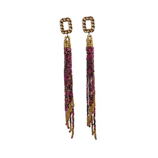 Golden Chain-Link Magenta Beaded Tassel Earrings