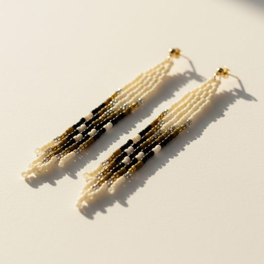 Handcrafted Beaded Fringe Earrings – Black, Ivory & Gold Seed Bead Tassels