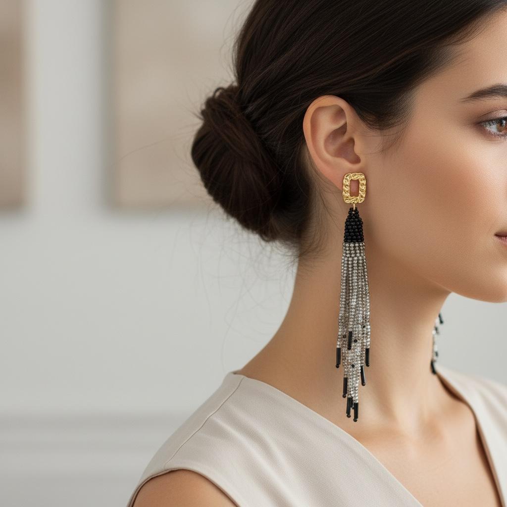 Golden Chain-Link Magenta Beaded Tassel Earrings