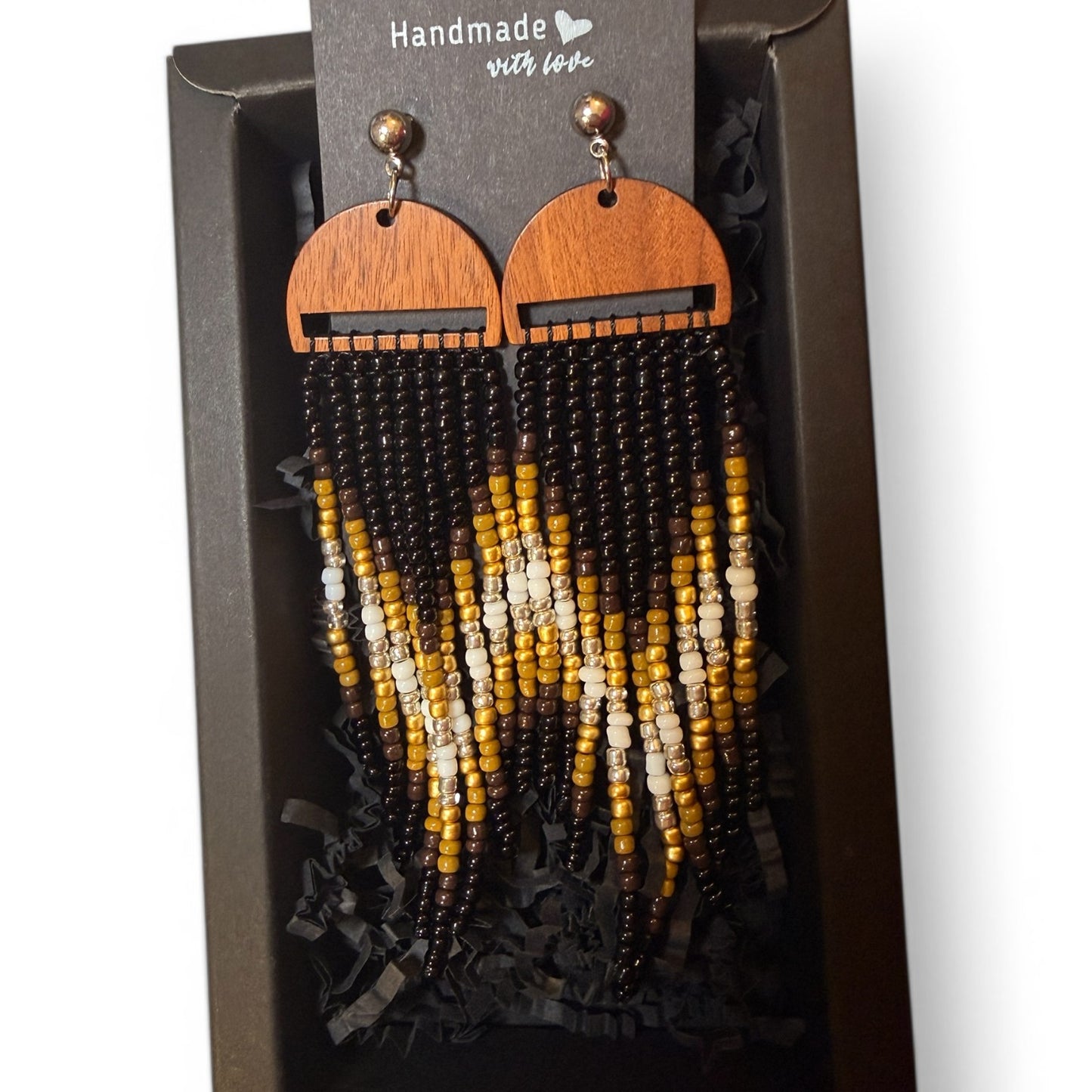 Handcrafted Wood & Beaded Fringe Earrings – Black, Gold & Ivory Statement Tassels