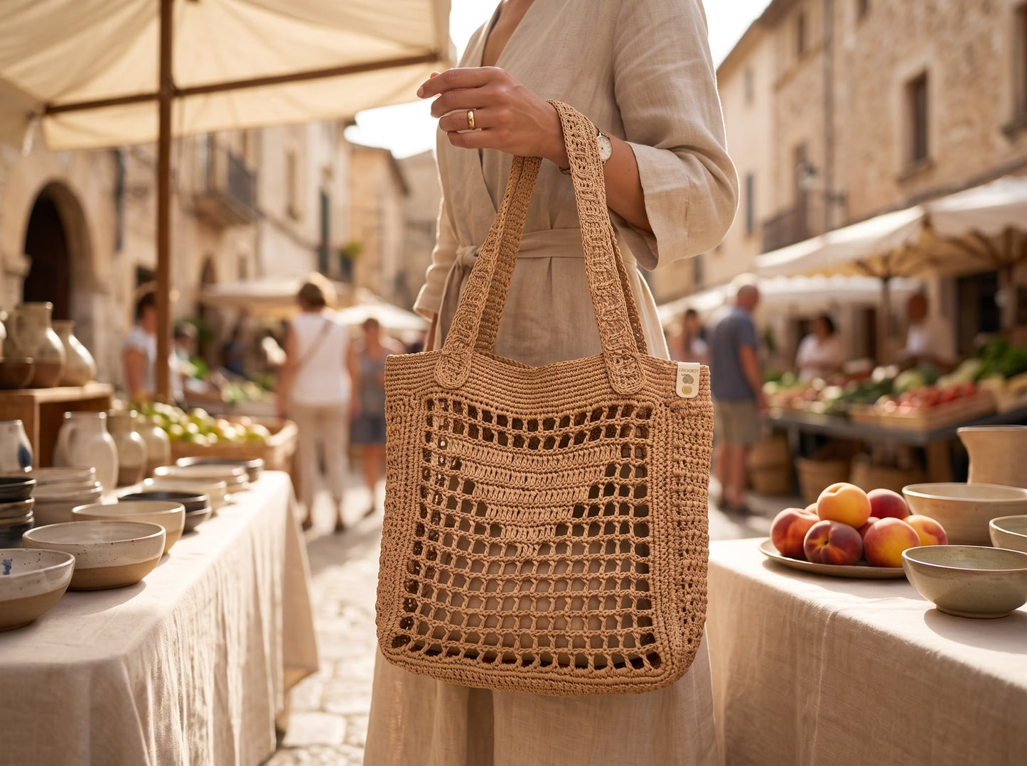 Handcrafted Raffia Bag, Natural Beige Open Weave-Made in USA
