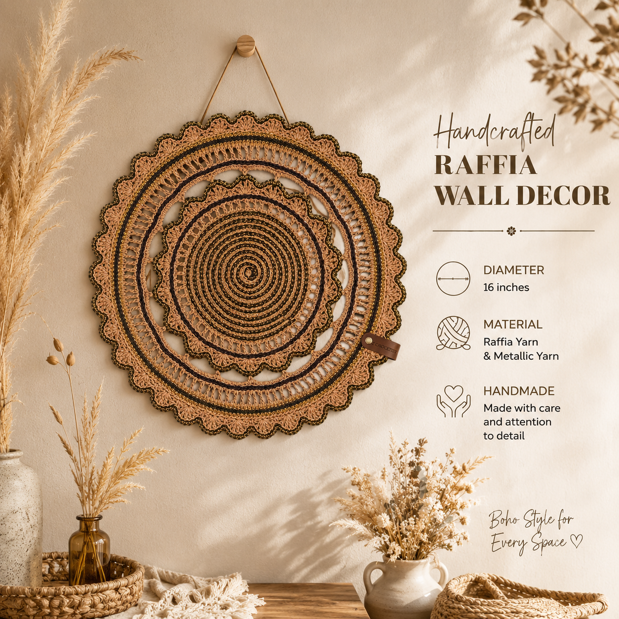 Handmade Crochet Round Doily Placemat – Boho Table Decor with Gold Accent Thread – Rustic Lace Centerpiece for Dining Table, Coffee Table & Home Decoration (Brown & Gold,16-17Inch)