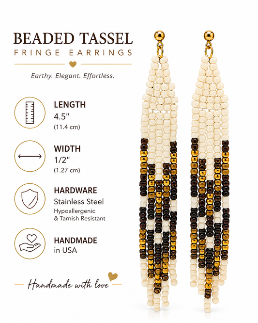 Handcrafted Beaded Fringe Earrings – Black, Ivory & Gold Seed Bead Tassels