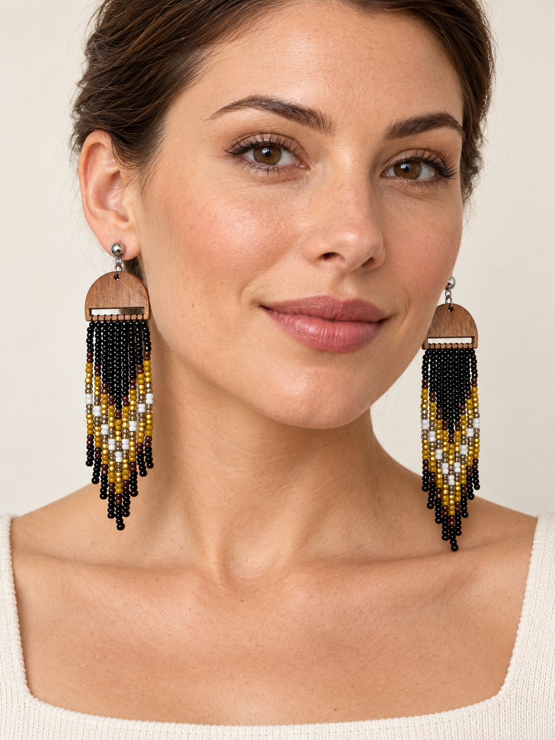 Handcrafted Wood & Beaded Fringe Earrings – Black, Gold & Ivory Statement Tassels