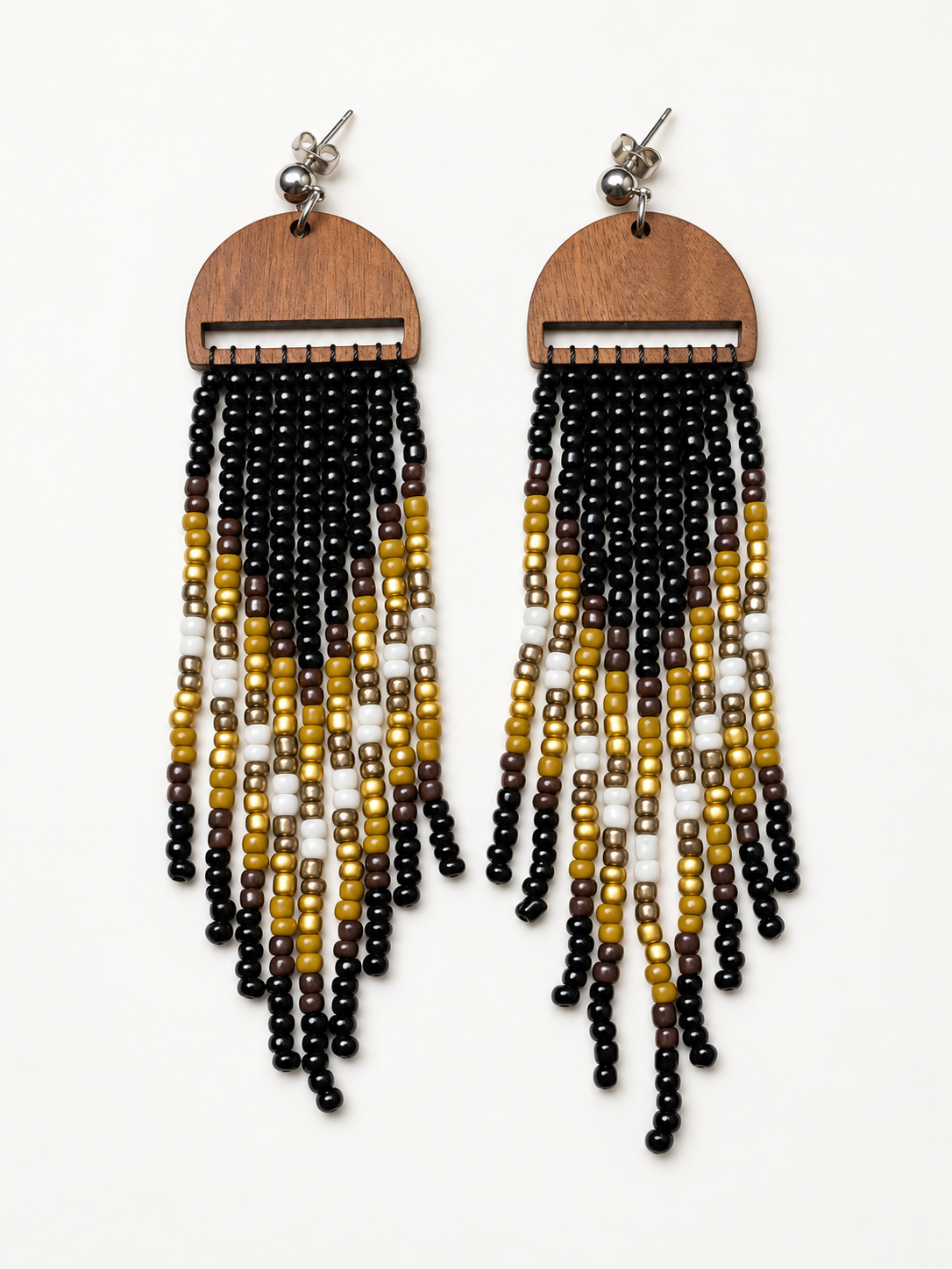 Handcrafted Wood & Beaded Fringe Earrings – Black, Gold & Ivory Statement Tassels