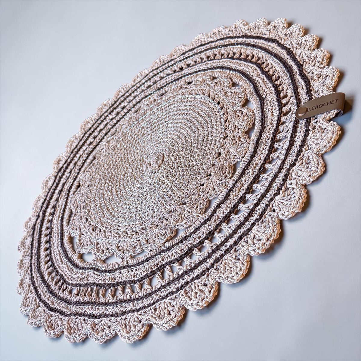Handmade Crochet Round Placemat with Scalloped Edge, Light Grey | Raffia Material, Lace Doily Design,Table Protector, Home Décor