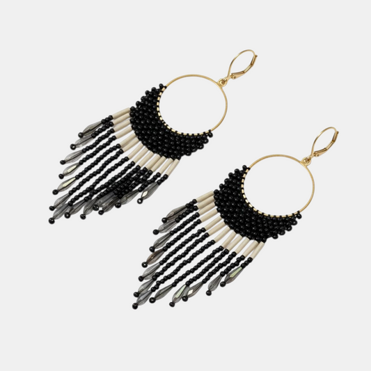 Handcrafted Glass Beads Loop Earrings - dark blue with white strips