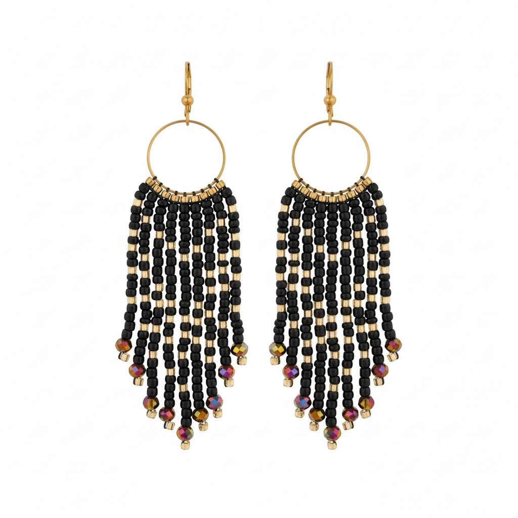 J.CROCHET black beaded fringe hoop earrings with gold accents and iridescent crystal drops.