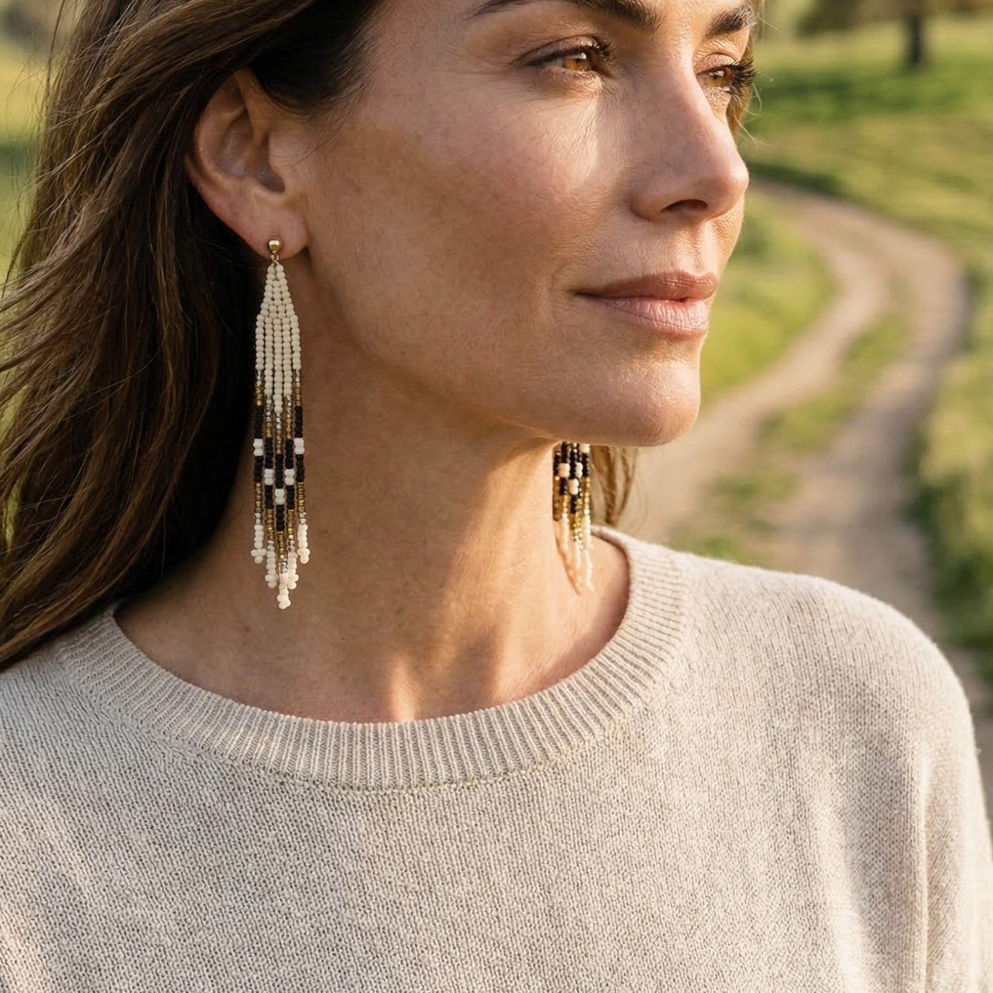 Handcrafted Beaded Fringe Earrings – Black, Ivory & Gold Seed Bead Tassels