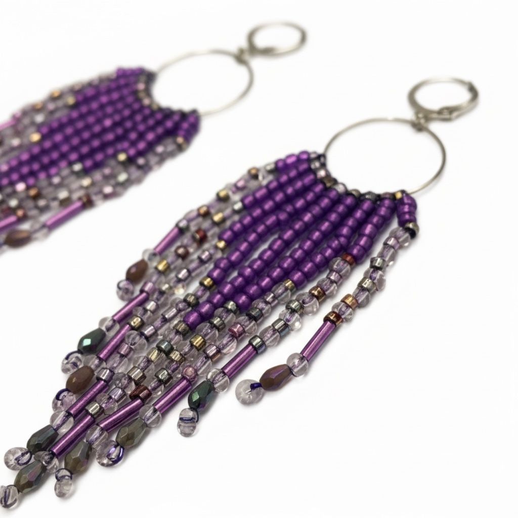 Handcrafted Purple Beaded Statement Earrings