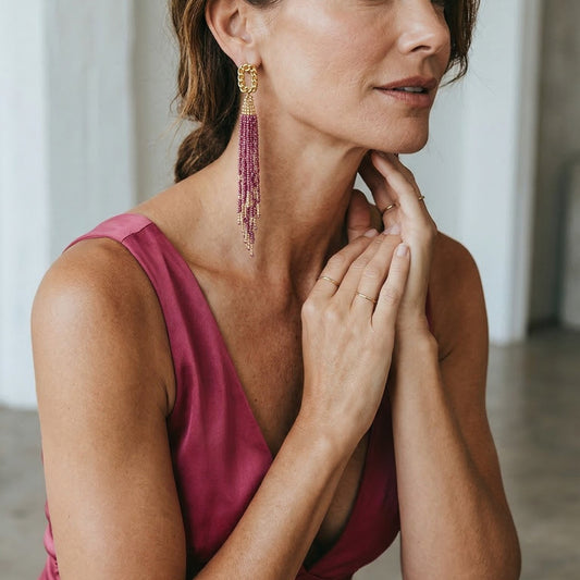 Golden Chain-Link Magenta Beaded Tassel Earrings