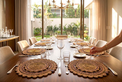 Handmade Crochet Round Doily Placemat – Boho Table Decor with Gold Accent Thread – Rustic Lace Centerpiece for Dining Table, Coffee Table & Home Decoration (Brown & Gold,16-17Inch)