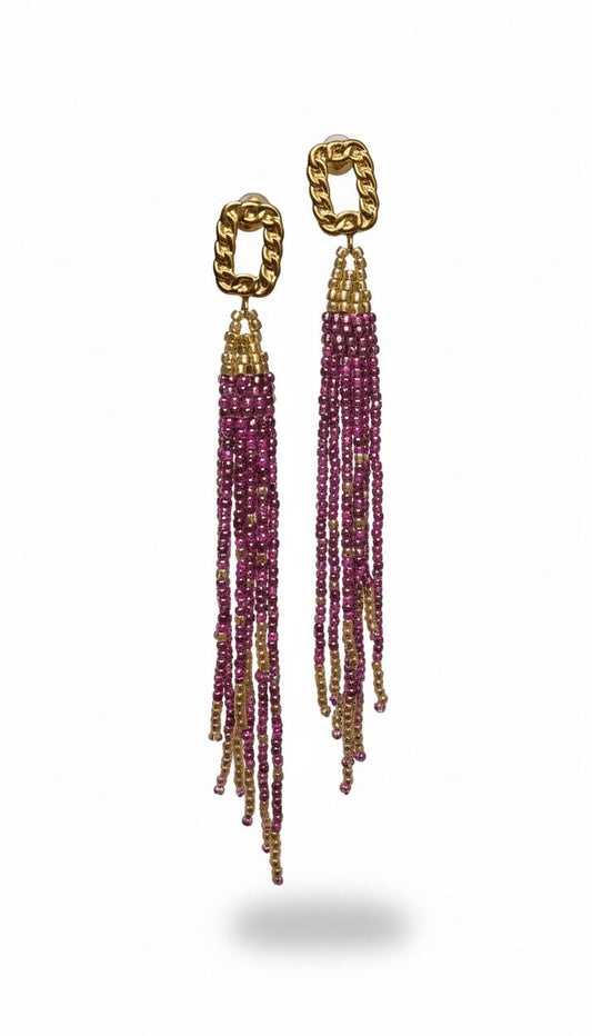 Golden Chain-Link Magenta Beaded Tassel Earrings