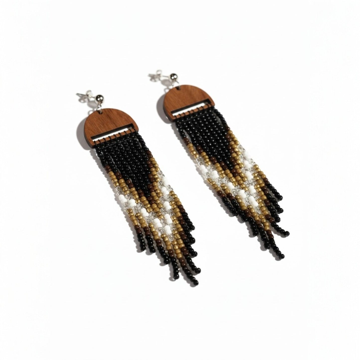 Handcrafted Wood & Beaded Fringe Earrings – Black, Gold & Ivory Statement Tassels