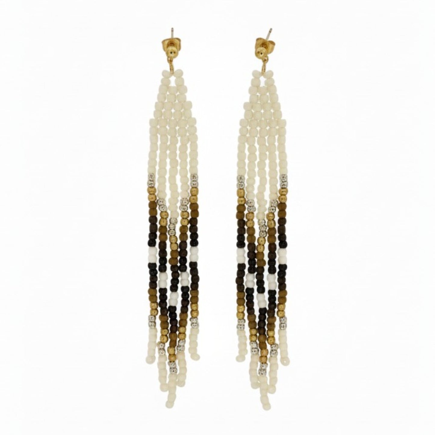 Handcrafted Beaded Fringe Earrings – Black, Ivory & Gold Seed Bead Tassels