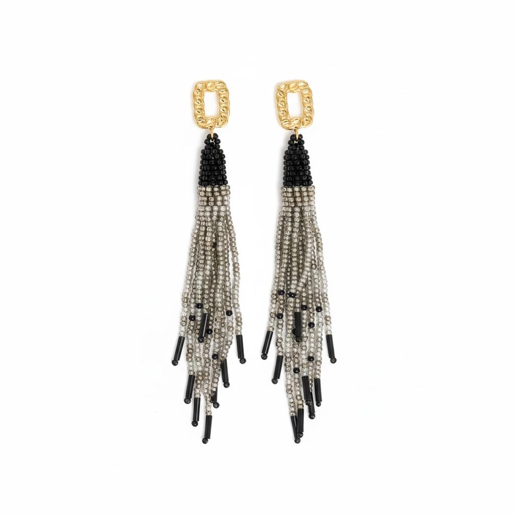Golden Chain-Link Magenta Beaded Tassel Earrings