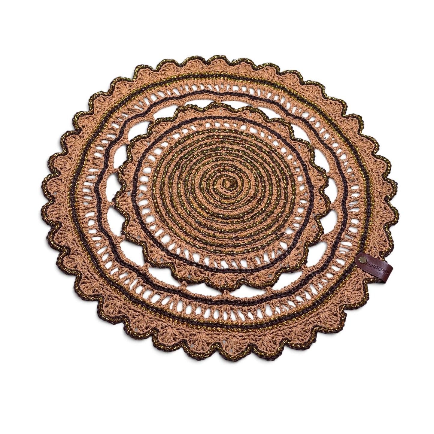 Handmade Crochet Round Doily Placemat – Boho Table Decor with Gold Accent Thread – Rustic Lace Centerpiece for Dining Table, Coffee Table & Home Decoration (Brown & Gold,16-17Inch)