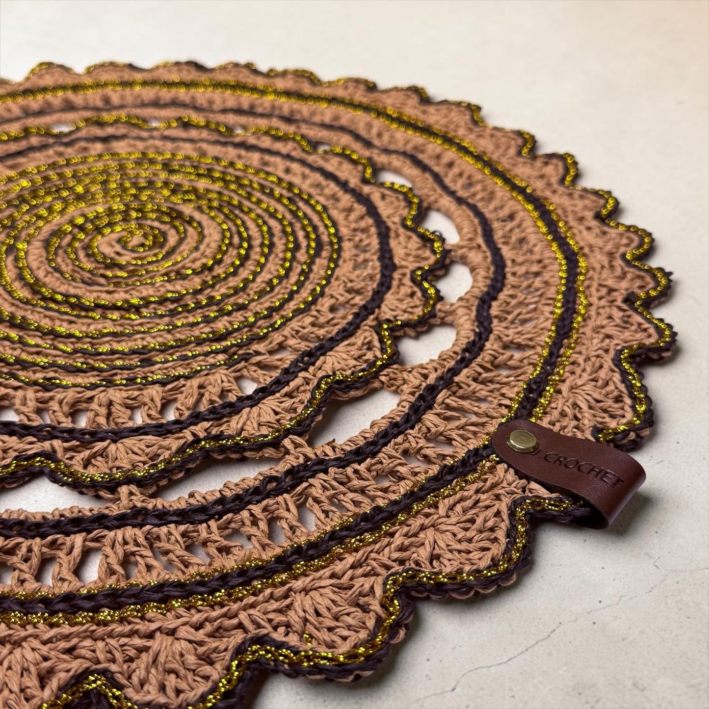 Handmade Crochet Round Doily Placemat – Boho Table Decor with Gold Accent Thread – Rustic Lace Centerpiece for Dining Table, Coffee Table & Home Decoration (Brown & Gold,16-17Inch)