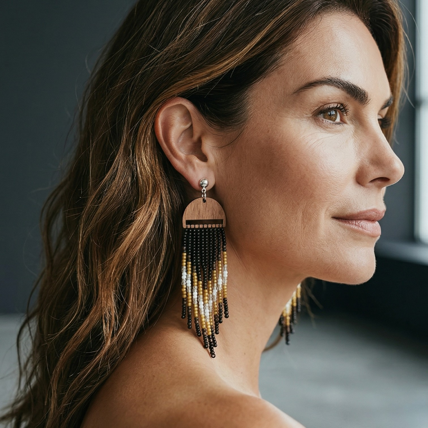 Handcrafted Wood & Beaded Fringe Earrings – Black, Gold & Ivory Statement Tassels