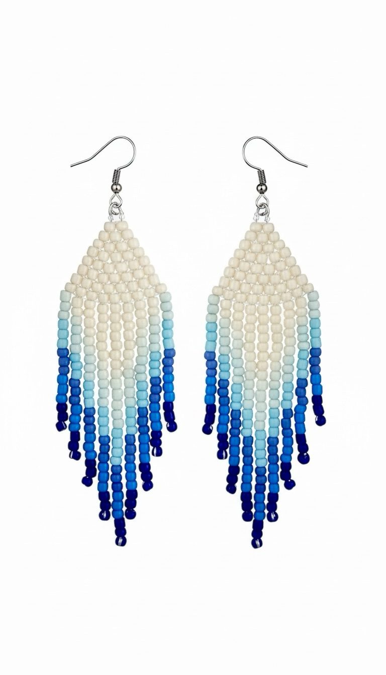Handcrafted Beaded Deep Sea Ombre Fringe Earrings