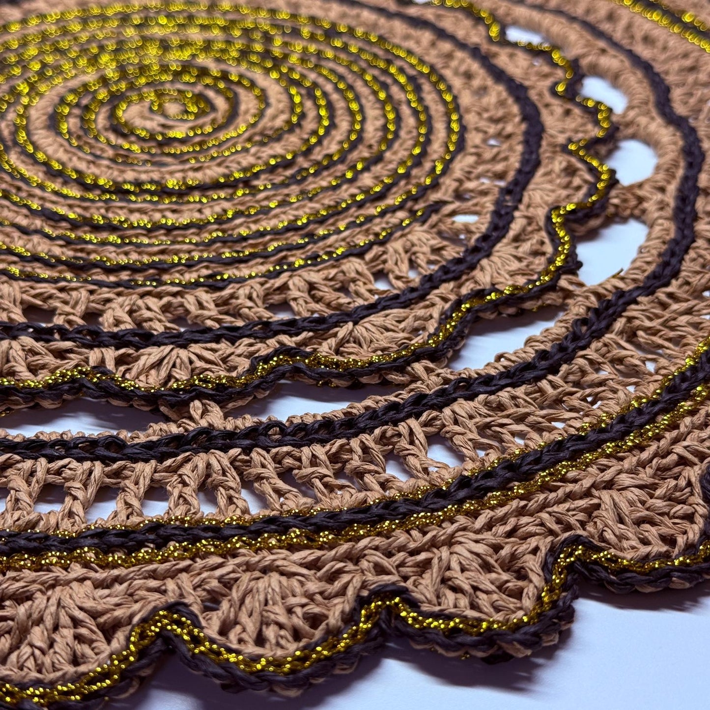 Handmade Crochet Round Doily Placemat – Boho Table Decor with Gold Accent Thread – Rustic Lace Centerpiece for Dining Table, Coffee Table & Home Decoration (Brown & Gold,16-17Inch)