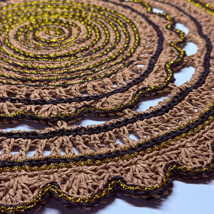 Handmade Crochet Round Doily Placemat – Boho Table Decor with Gold Accent Thread – Rustic Lace Centerpiece for Dining Table, Coffee Table & Home Decoration (Brown & Gold,16-17Inch)
