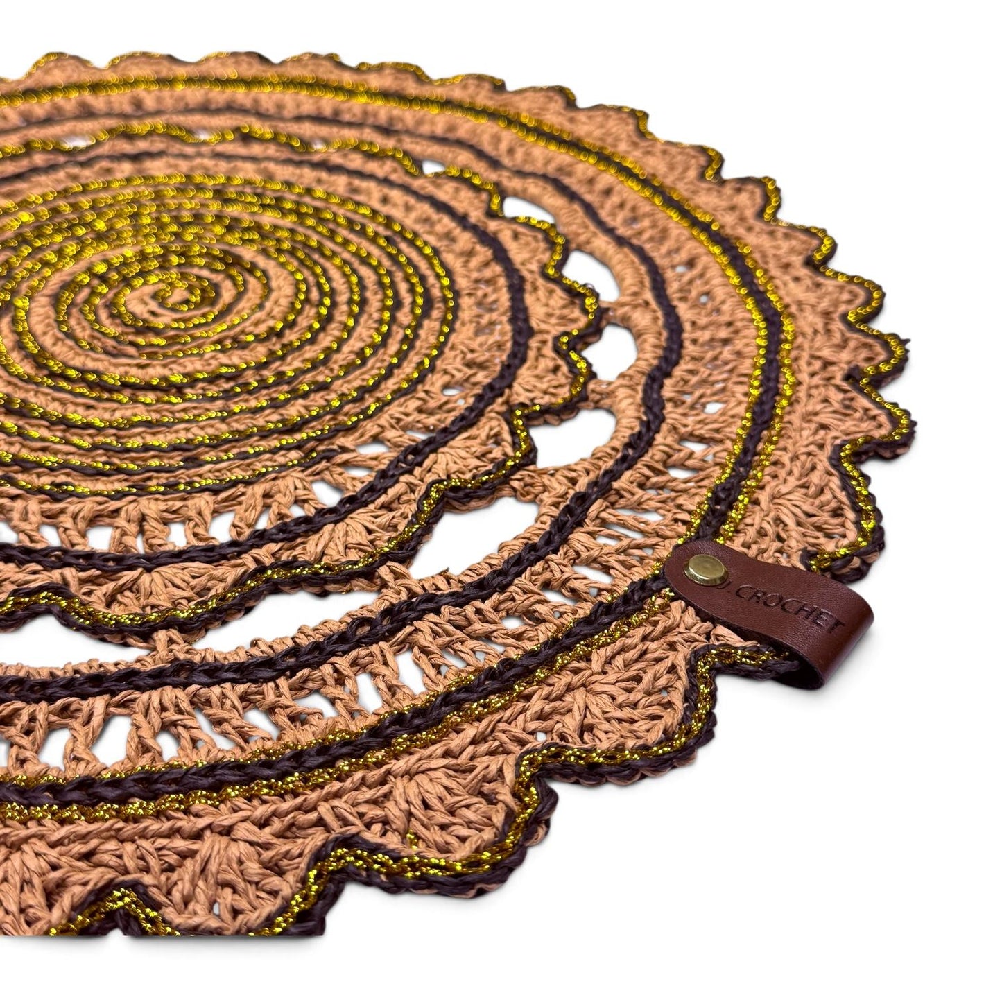 Handmade Crochet Round Doily Placemat – Boho Table Decor with Gold Accent Thread – Rustic Lace Centerpiece for Dining Table, Coffee Table & Home Decoration (Brown & Gold,16-17Inch)