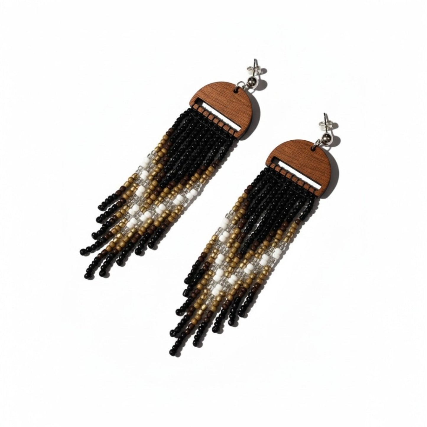 Handcrafted Wood & Beaded Fringe Earrings – Black, Gold & Ivory Statement Tassels