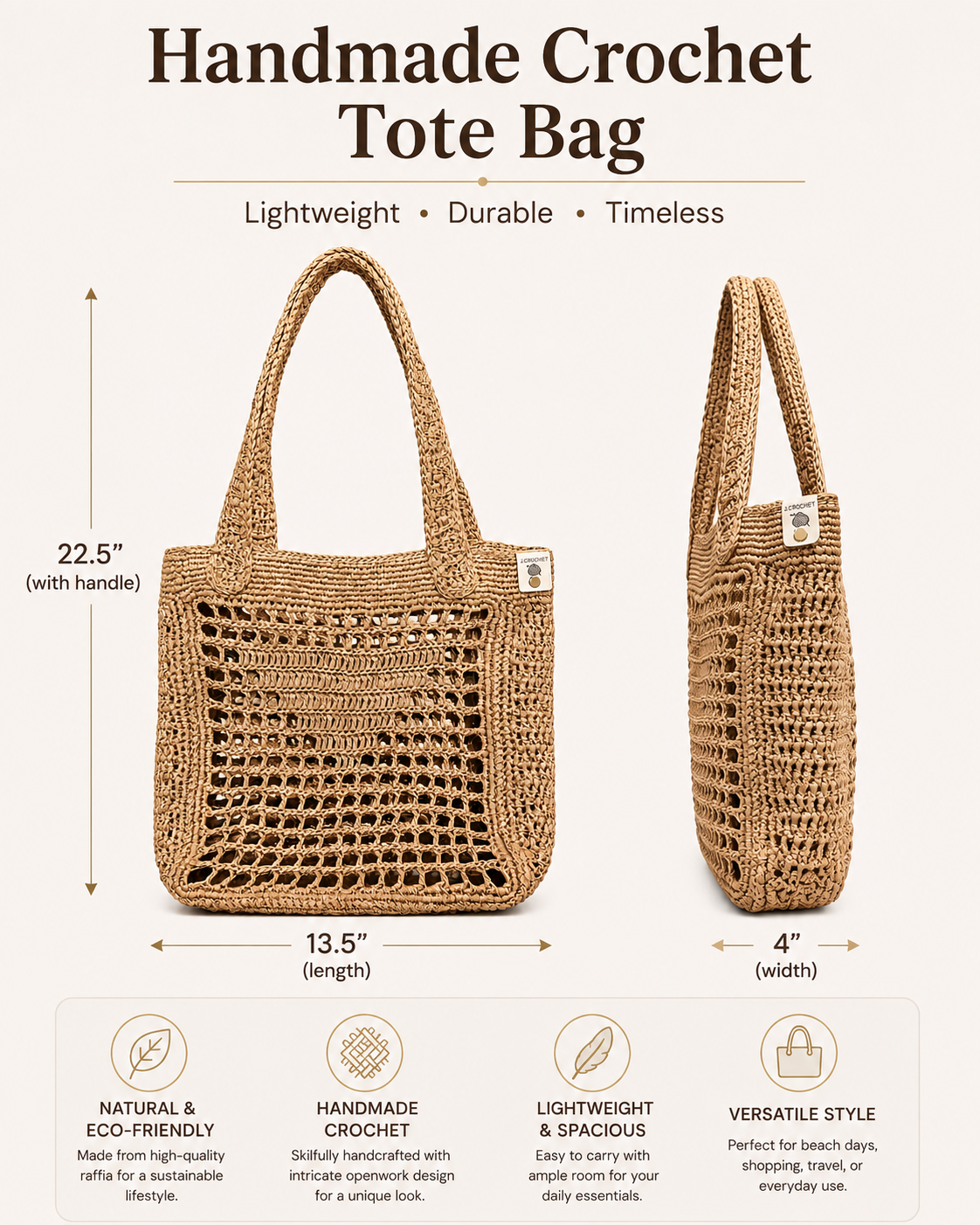 Handcrafted Raffia Bag, Natural Beige Open Weave-Made in USA