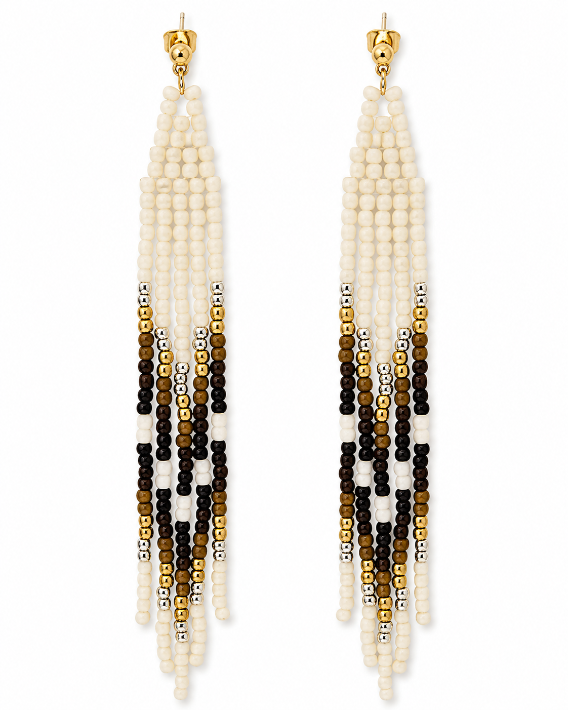 Handcrafted Beaded Fringe Earrings – Black, Ivory & Gold Seed Bead Tassels