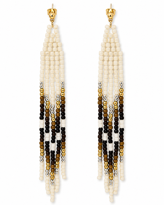 Handcrafted Beaded Fringe Earrings – Black, Ivory & Gold Seed Bead Tassels