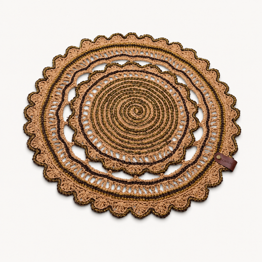Handmade Crochet Round Doily Placemat – Boho Table Decor with Gold Accent Thread – Rustic Lace Centerpiece for Dining Table, Coffee Table & Home Decoration (Brown & Gold,16-17Inch)