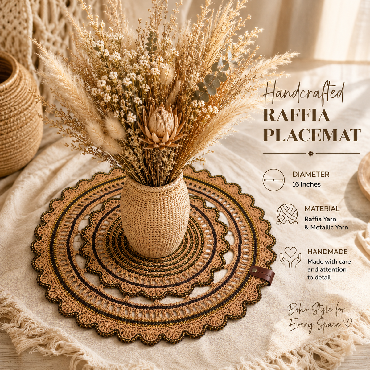 Handmade Crochet Round Doily Placemat – Boho Table Decor with Gold Accent Thread – Rustic Lace Centerpiece for Dining Table, Coffee Table & Home Decoration (Brown & Gold,16-17Inch)