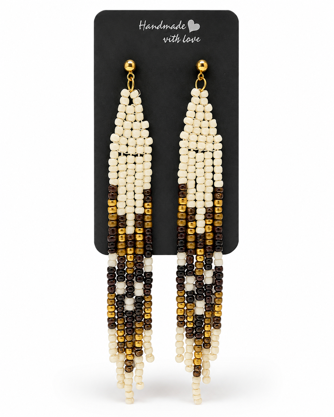 Handcrafted Beaded Fringe Earrings – Black, Ivory & Gold Seed Bead Tassels