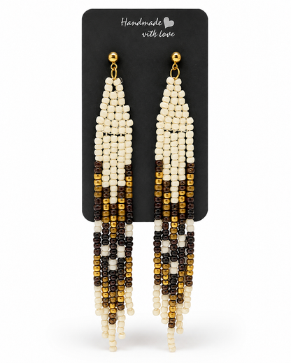 Handcrafted Beaded Fringe Earrings – Black, Ivory & Gold Seed Bead Tassels