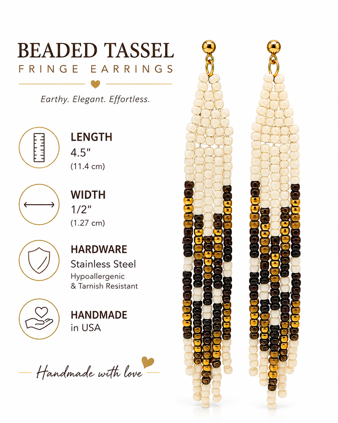 Handcrafted Beaded Fringe Earrings – Black, Ivory & Gold Seed Bead Tassels