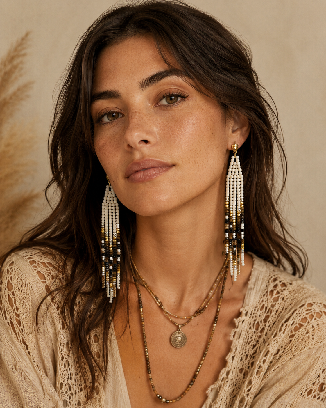 Handcrafted Beaded Fringe Earrings – Black, Ivory & Gold Seed Bead Tassels