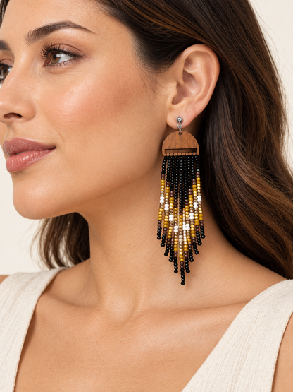 Handcrafted Wood & Beaded Fringe Earrings – Black, Gold & Ivory Statement Tassels