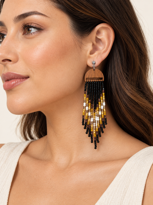 Handcrafted Wood & Beaded Fringe Earrings – Black, Gold & Ivory Statement Tassels