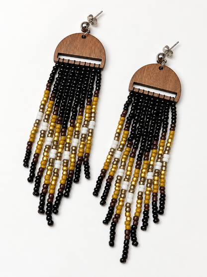 Handcrafted Wood & Beaded Fringe Earrings – Black, Gold & Ivory Statement Tassels