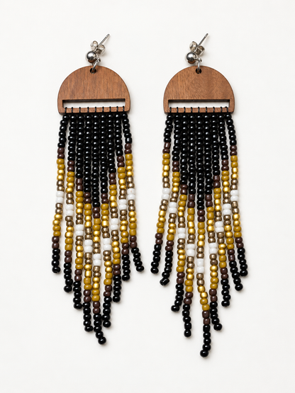 Handcrafted Wood & Beaded Fringe Earrings – Black, Gold & Ivory Statement Tassels