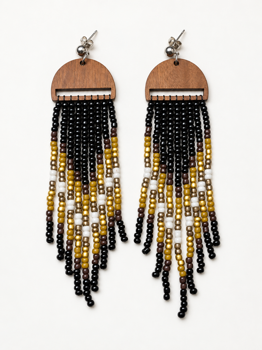 Handcrafted Wood & Beaded Fringe Earrings – Black, Gold & Ivory Statement Tassels