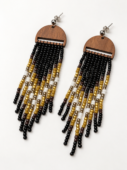 Handcrafted Wood & Beaded Fringe Earrings – Black, Gold & Ivory Statement Tassels