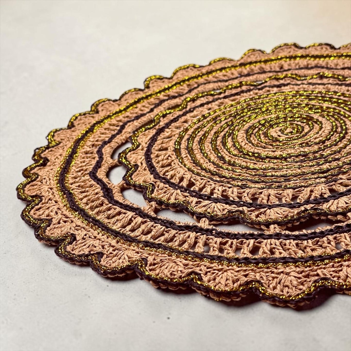 Handmade Crochet Round Doily Placemat – Boho Table Decor with Gold Accent Thread – Rustic Lace Centerpiece for Dining Table, Coffee Table & Home Decoration (Brown & Gold,16-17Inch)