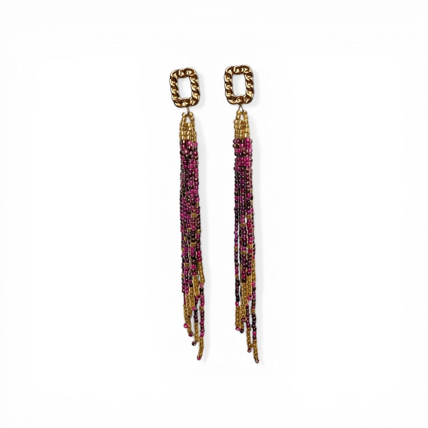 Golden Chain-Link Magenta Beaded Tassel Earrings