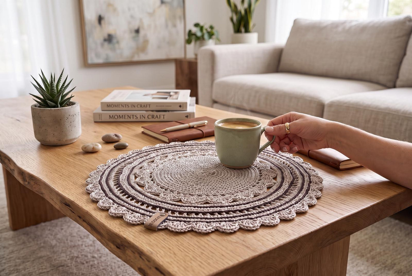 Handmade Crochet Round Placemat with Scalloped Edge, Light Grey | Raffia Material, Lace Doily Design, Reusable & Washable, Table Protector, Home Décor