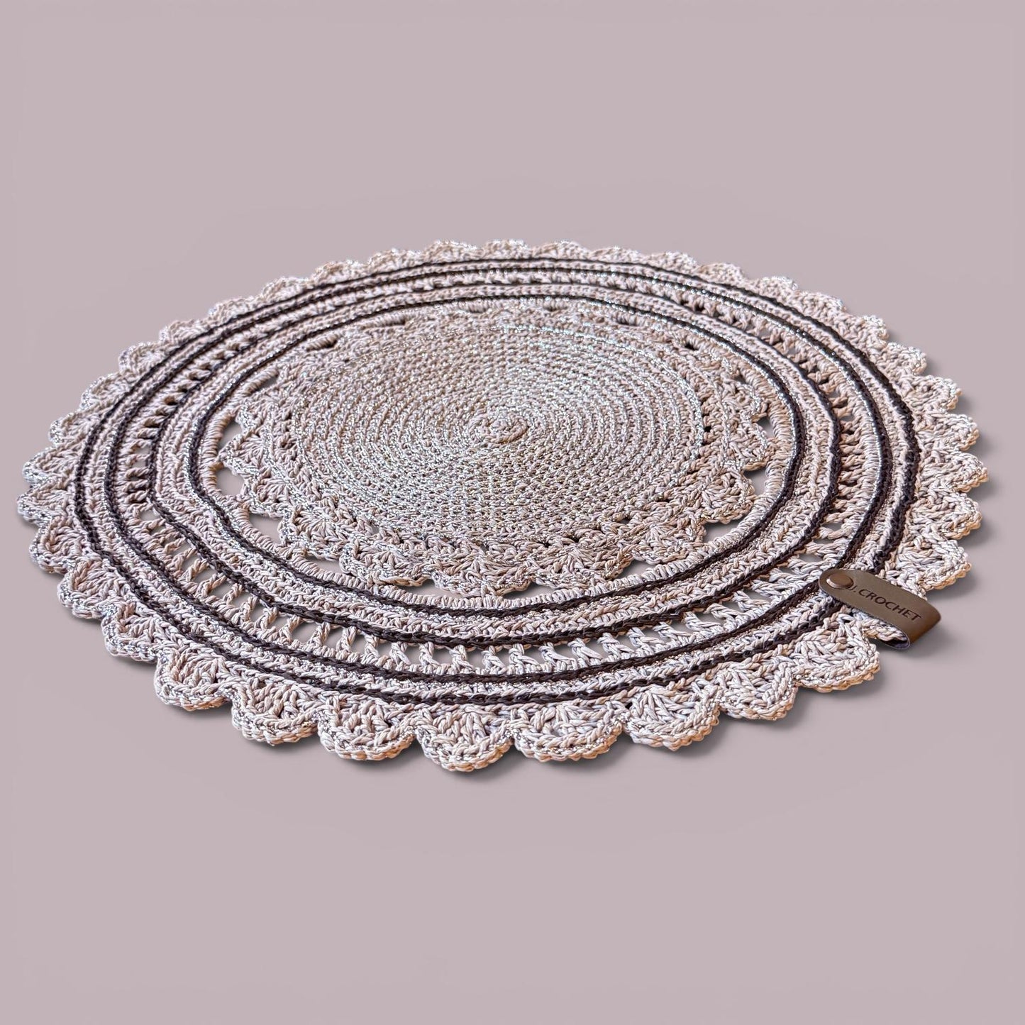 Handmade Crochet Round Placemat with Scalloped Edge, Light Grey | Raffia Material, Lace Doily Design, Reusable & Washable, Table Protector, Home Décor