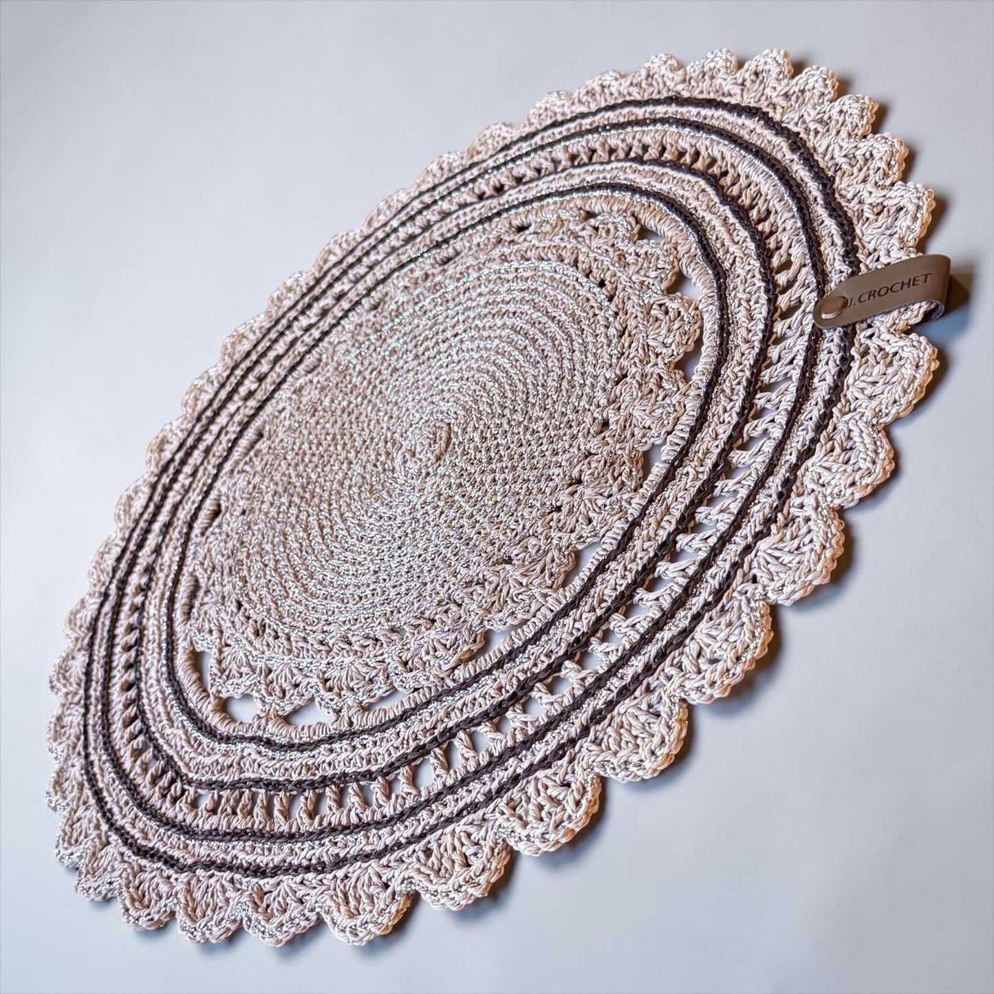Handmade Crochet Round Placemat with Scalloped Edge, Light Grey | Raffia Material, Lace Doily Design, Reusable & Washable, Table Protector, Home Décor