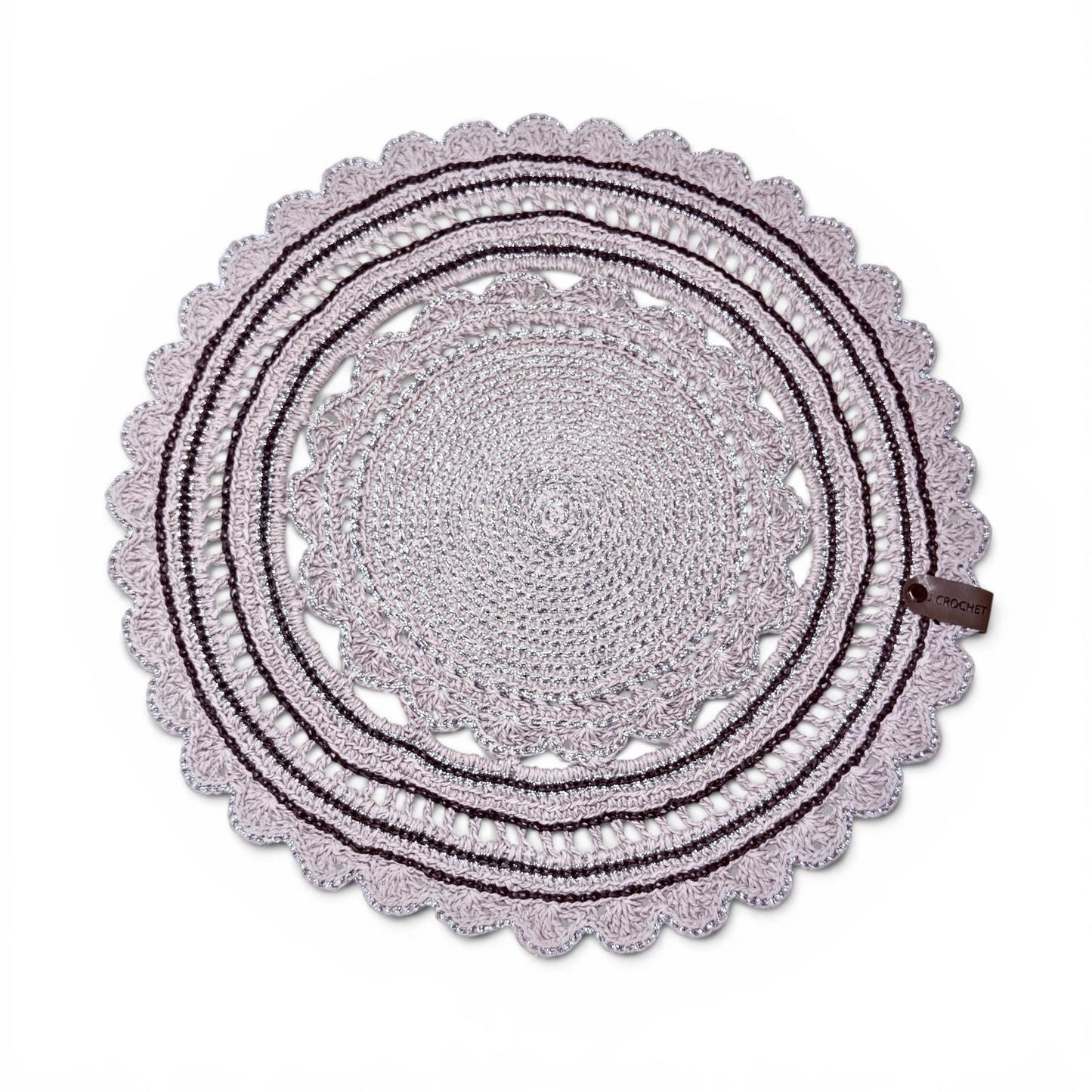 Handmade Crochet Round Placemat with Scalloped Edge, Light Grey | Raffia Material, Lace Doily Design, Reusable & Washable, Table Protector, Home Décor